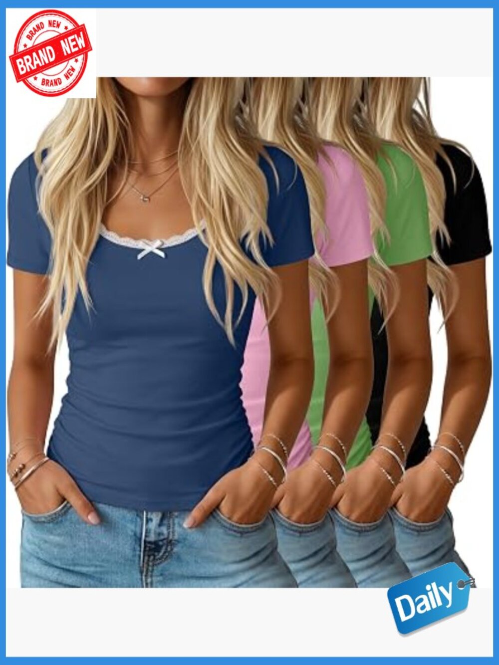 4 Pack Womens Short Sleeve T Shirts Lace Scoop Neck Casual Slim Fit Tops Side